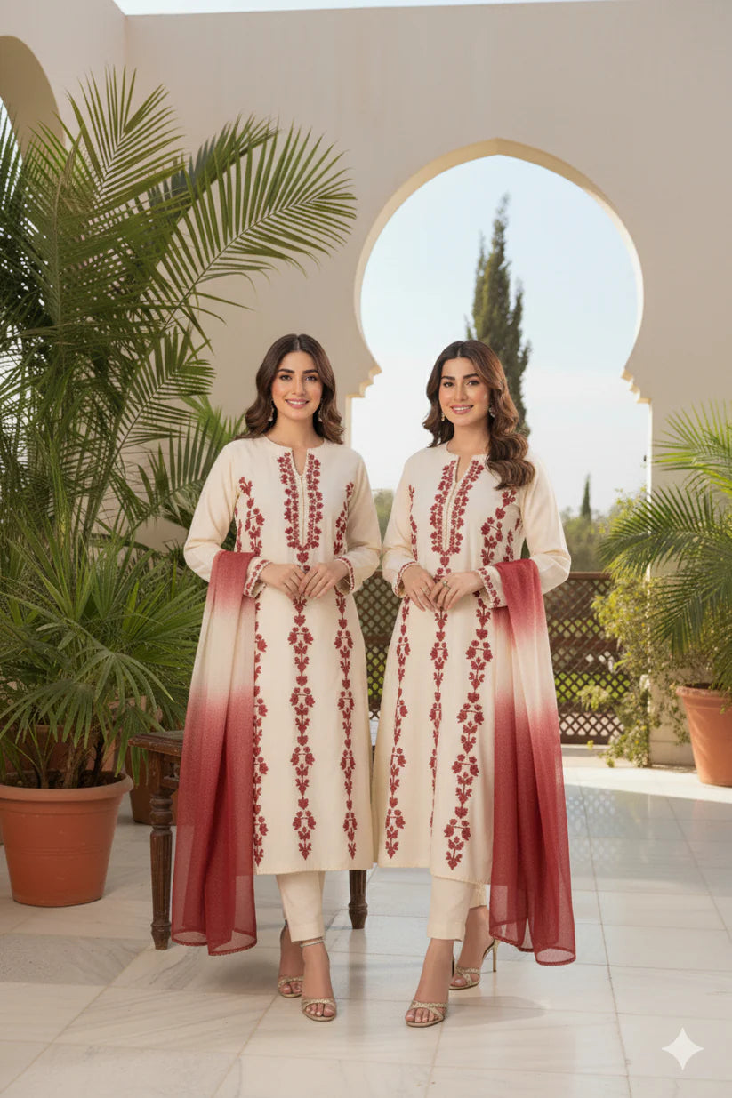 Beige red embroidered dress