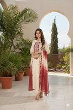 Beige red embroidered dress