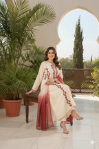 Beige red embroidered dress