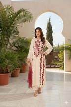 Beige red embroidered dress