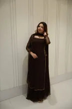 BROWN EMBELLISSHED LONG KURTI WITH GHARARA AND DUPATTA