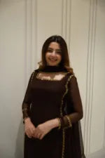 BROWN EMBELLISSHED LONG KURTI WITH GHARARA AND DUPATTA