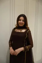 BROWN EMBELLISSHED LONG KURTI WITH GHARARA AND DUPATTA