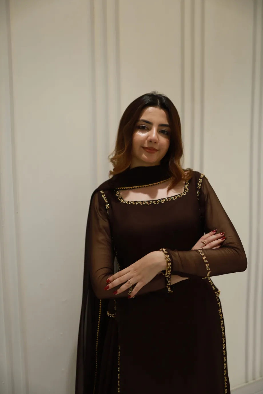 BROWN EMBELLISSHED LONG KURTI WITH GHARARA AND DUPATTA