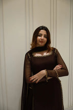 BROWN EMBELLISSHED LONG KURTI WITH GHARARA AND DUPATTA