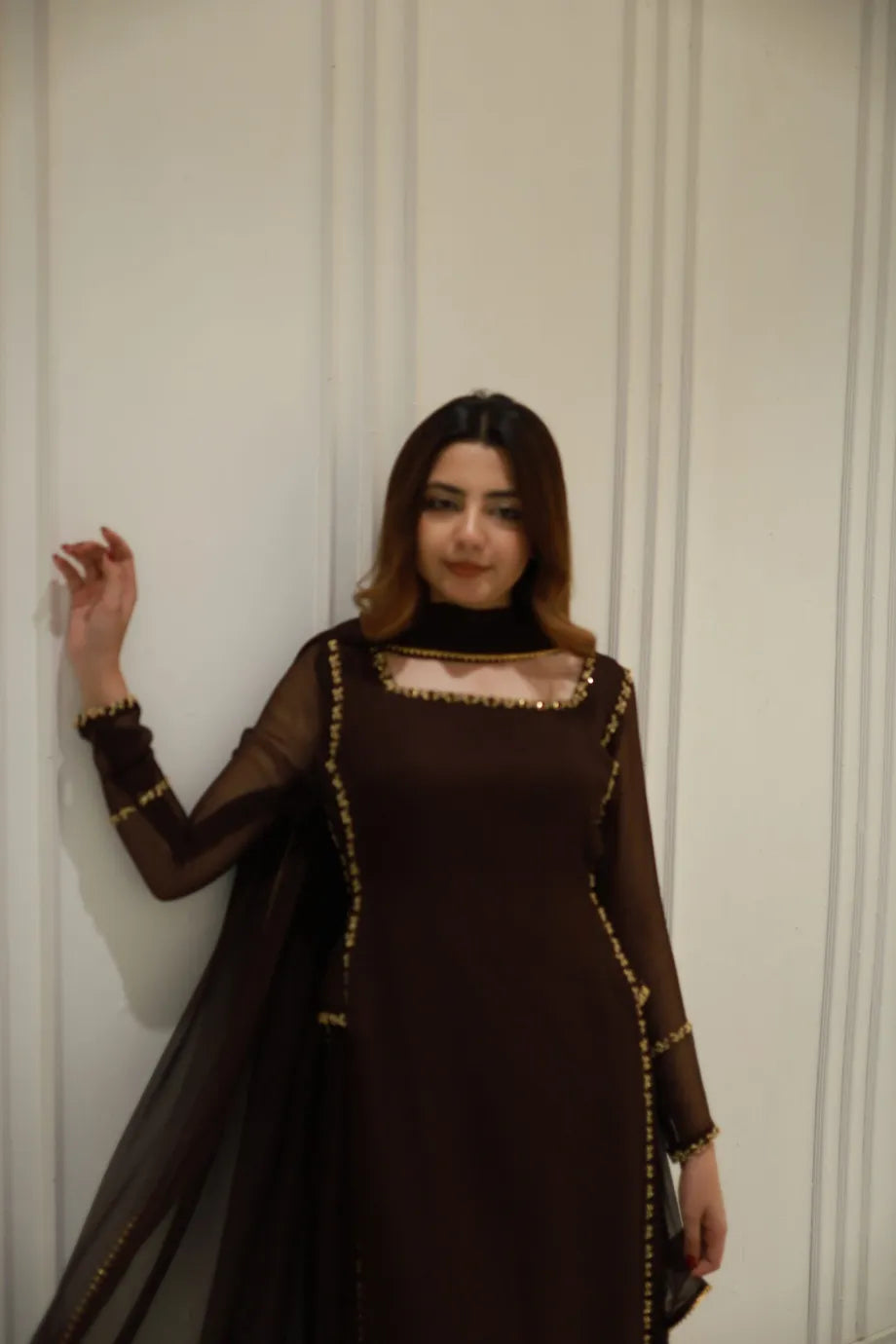 BROWN EMBELLISSHED LONG KURTI WITH GHARARA AND DUPATTA