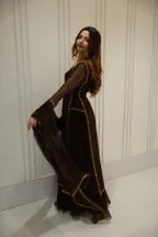 BROWN EMBELLISSHED LONG KURTI WITH GHARARA AND DUPATTA