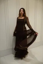 BROWN EMBELLISSHED LONG KURTI WITH GHARARA AND DUPATTA