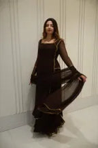 BROWN EMBELLISSHED LONG KURTI WITH GHARARA AND DUPATTA